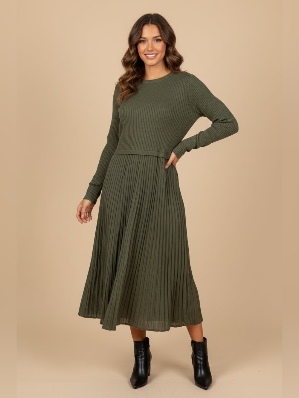 Skies Are Blue Olive Ribbed Knit Pleated Midi Dress